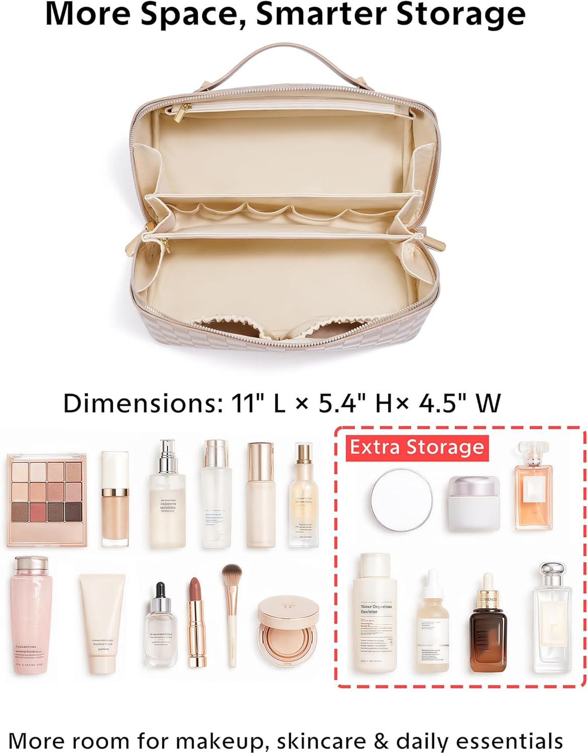Large Capacity Travel Cosmetic Bag - Portable Makeup Bags for Women Waterproof PU Leather Checkered Makeup Organizer Bag with Dividers and Handle,Toiletry Bag for Cosmetics