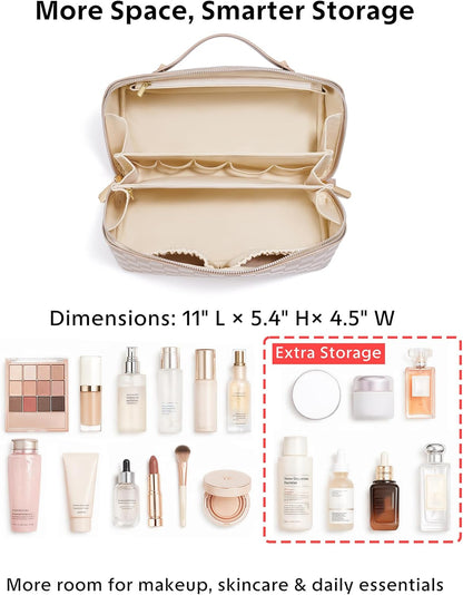 Large Capacity Travel Cosmetic Bag - Portable Makeup Bags for Women Waterproof PU Leather Checkered Makeup Organizer Bag with Dividers and Handle,Toiletry Bag for Cosmetics