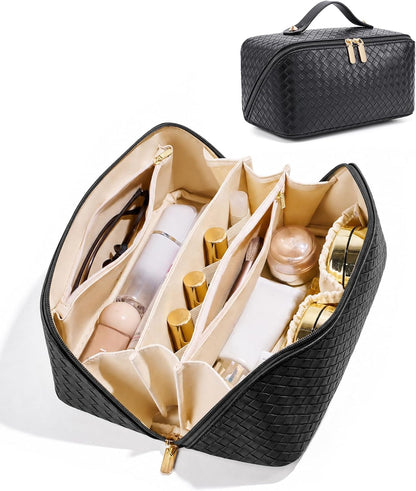 Large Capacity Travel Cosmetic Bag - Portable Makeup Bags for Women Waterproof PU Leather Checkered Makeup Organizer Bag with Dividers and Handle,Toiletry Bag for Cosmetics