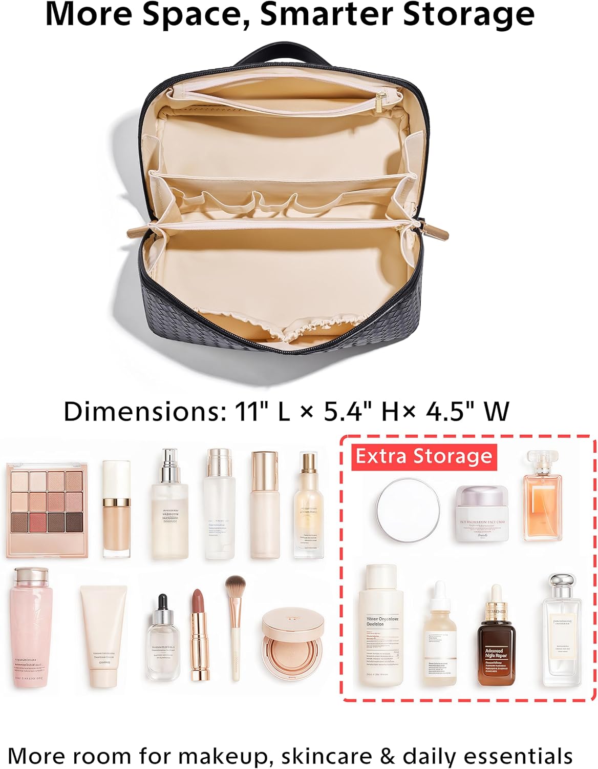 Large Capacity Travel Cosmetic Bag - Portable Makeup Bags for Women Waterproof PU Leather Checkered Makeup Organizer Bag with Dividers and Handle,Toiletry Bag for Cosmetics