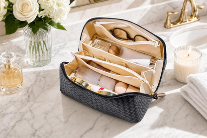 Large Capacity Travel Cosmetic Bag - Portable Makeup Bags for Women Waterproof PU Leather Checkered Makeup Organizer Bag with Dividers and Handle,Toiletry Bag for Cosmetics