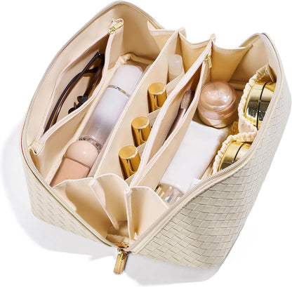 Large Capacity Travel Cosmetic Bag - Portable Makeup Bags for Women Waterproof PU Leather Checkered Makeup Organizer Bag with Dividers and Handle,Toiletry Bag for Cosmetics