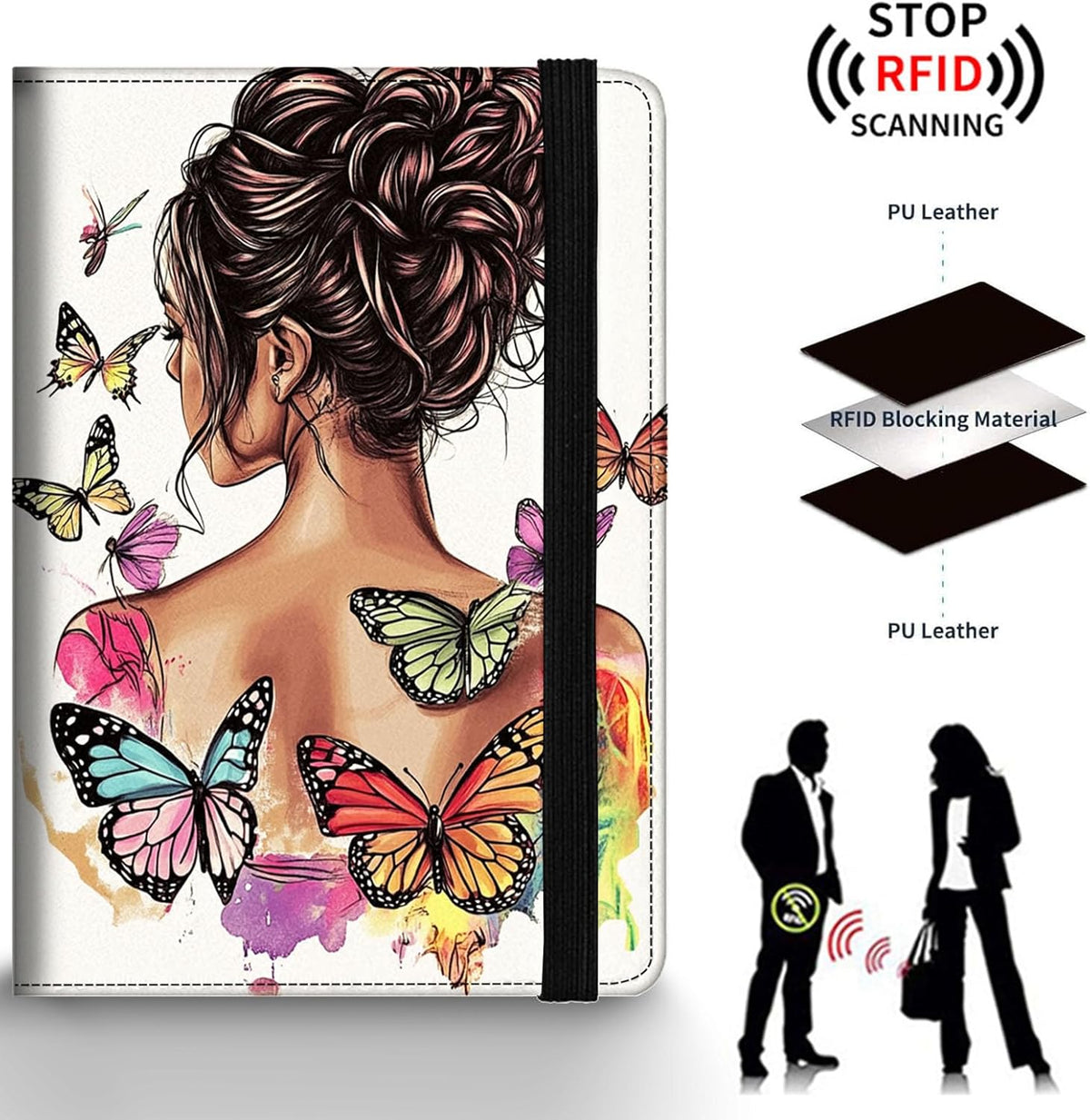 Passport Holder Wallet Cover Case,RFID Blocking Passport Cover,Large Capacity Travel Wallet with Multi Card Slots (Butterfly and Moon)