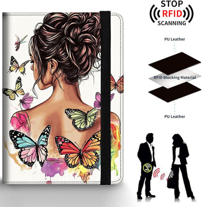 Passport Holder Wallet Cover Case,RFID Blocking Passport Cover,Large Capacity Travel Wallet with Multi Card Slots (Butterfly and Moon)