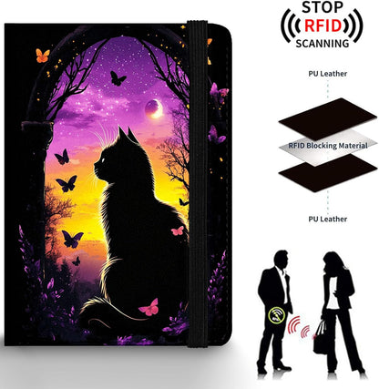 Passport Holder Wallet Cover Case,RFID Blocking Passport Cover,Large Capacity Travel Wallet with Multi Card Slots (Butterfly and Moon)