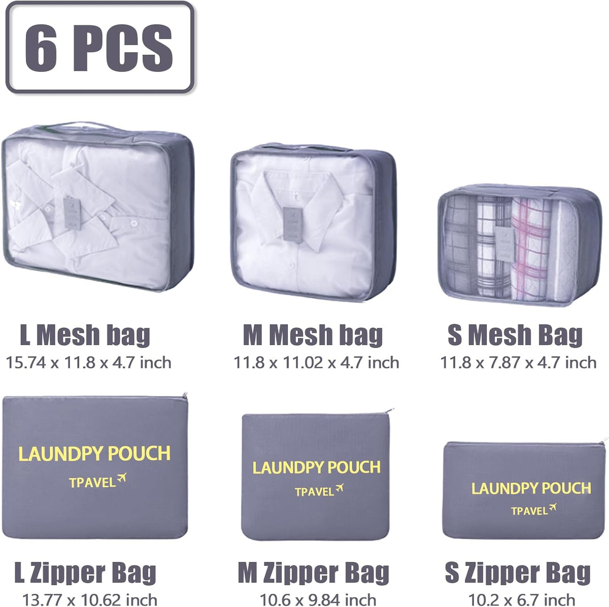 6 Set Packing Cubes for Travel Luggage Organizer Bags for Suitcase Laundry Bag Machine Washable Nylon Lightweight Travel Cube (Black)