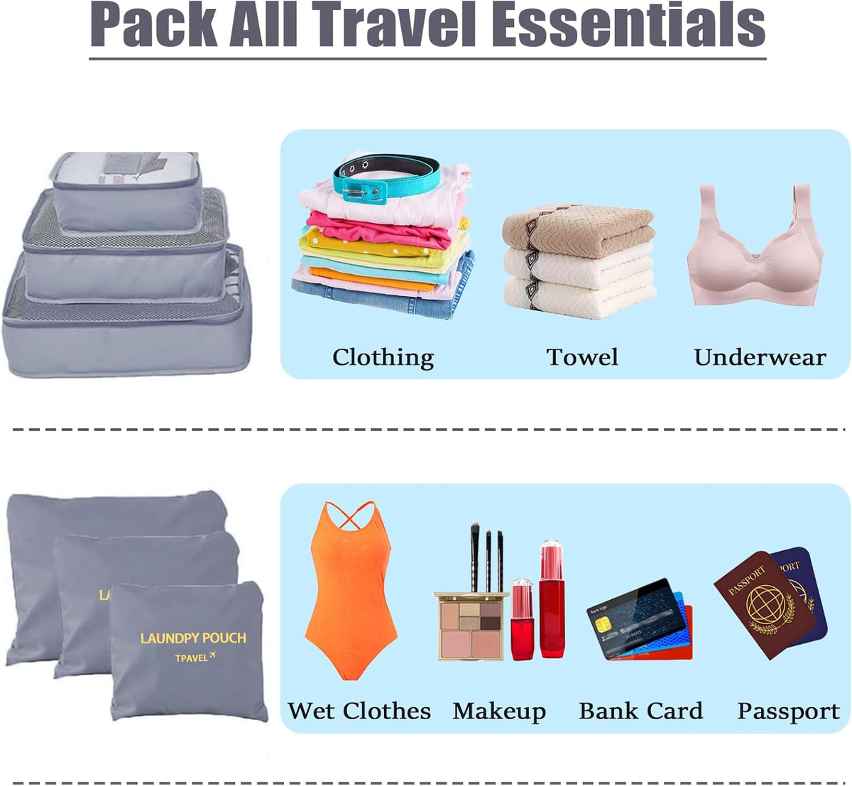6 Set Packing Cubes for Travel Luggage Organizer Bags for Suitcase Laundry Bag Machine Washable Nylon Lightweight Travel Cube (Black)