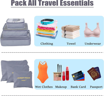 6 Set Packing Cubes for Travel Luggage Organizer Bags for Suitcase Laundry Bag Machine Washable Nylon Lightweight Travel Cube (Black)