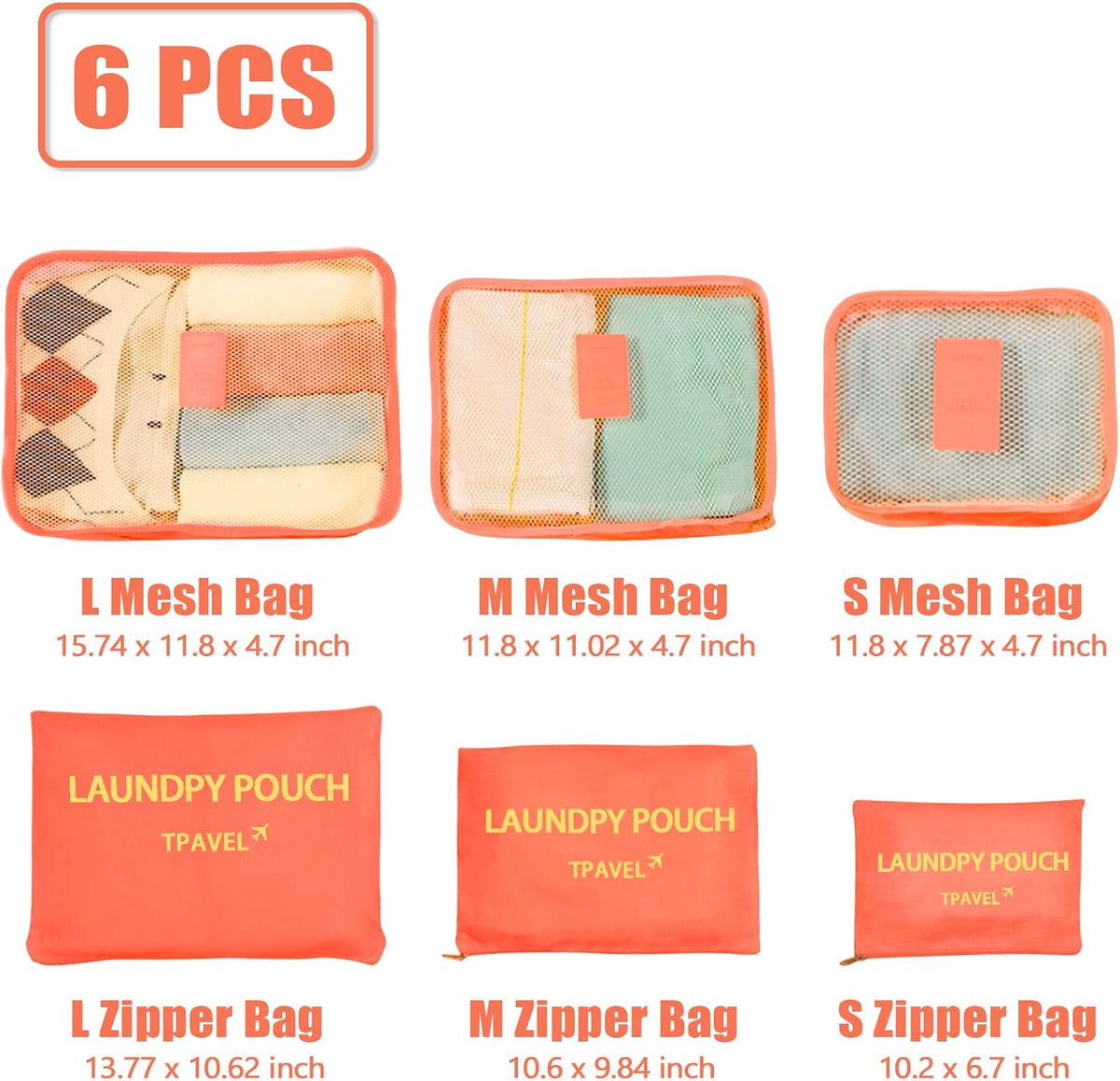 6 Set Packing Cubes for Travel Luggage Organizer Bags for Suitcase Laundry Bag Machine Washable Nylon Lightweight Travel Cube (Black)