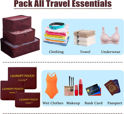 6 Set Packing Cubes for Travel Luggage Organizer Bags for Suitcase Laundry Bag Machine Washable Nylon Lightweight Travel Cube (Black)