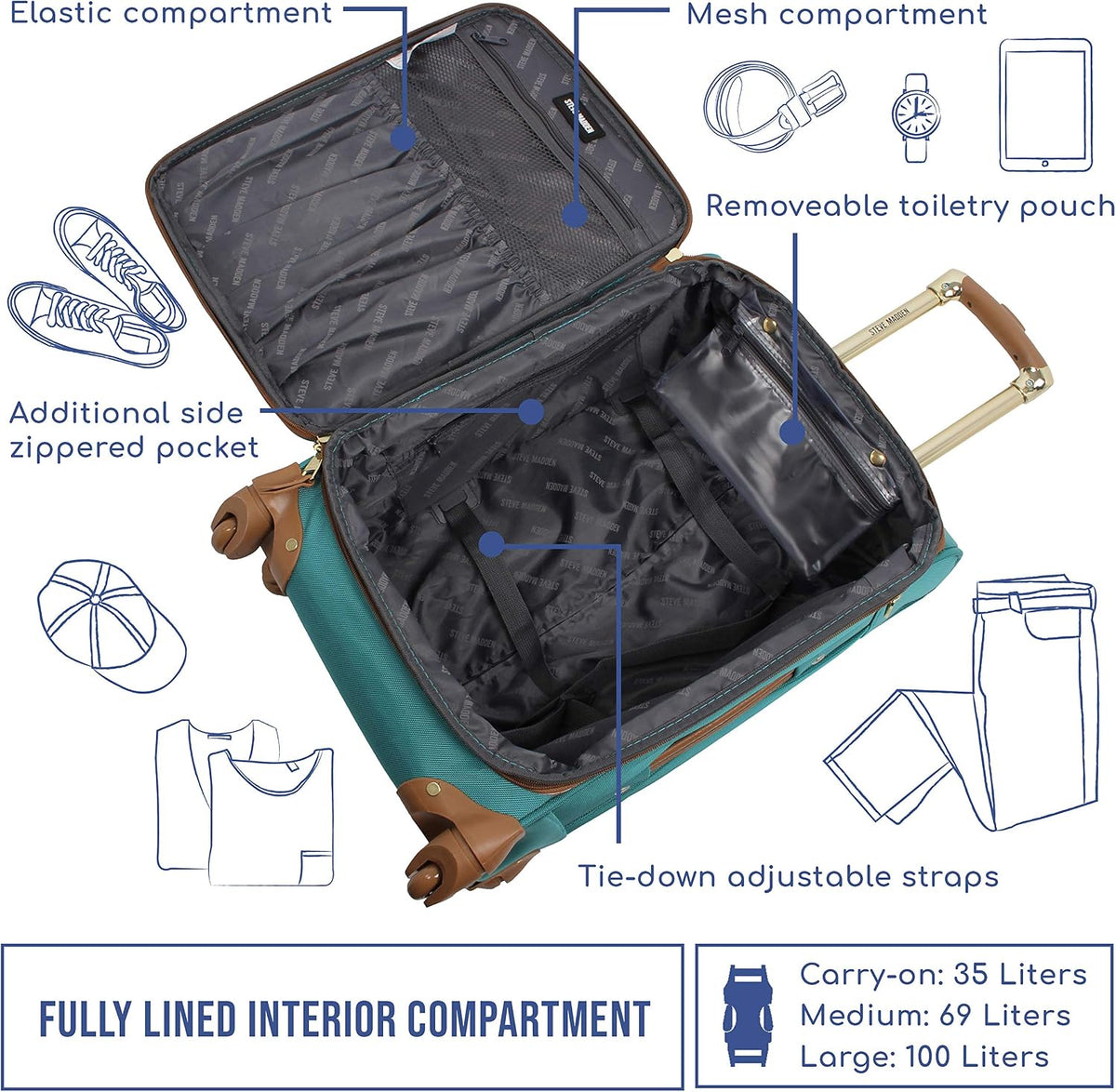 Designer-Gepckkollektion Leichter Softside-Koffer fr Damen und Herren strapazierfhige 50,8 cm groe Tragetasche mit 4 rollenden Spinner-Rdern, Legends Turquoise, 20in, Carry on Bag With