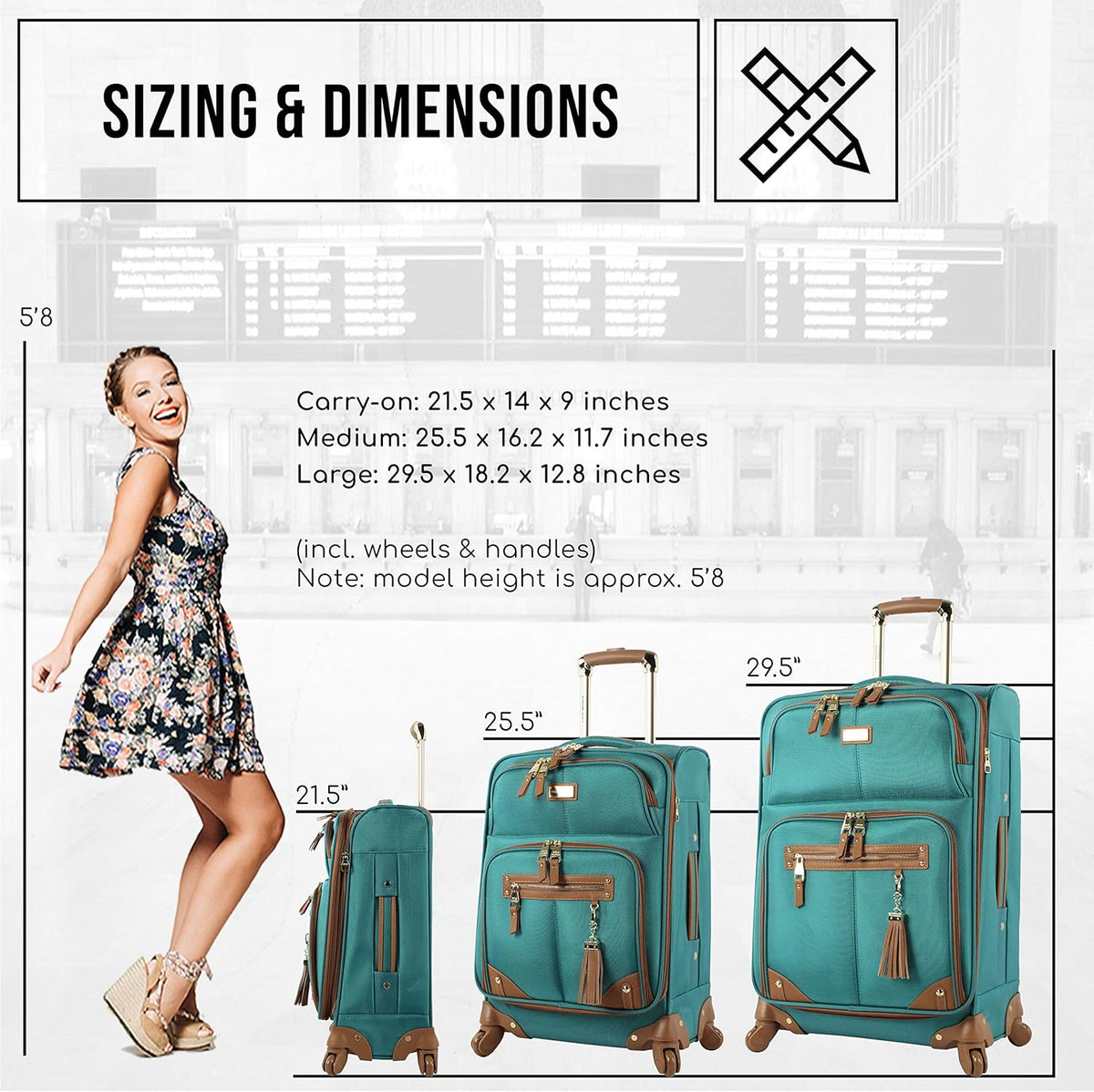 Designer-Gepckkollektion Leichter Softside-Koffer fr Damen und Herren strapazierfhige 50,8 cm groe Tragetasche mit 4 rollenden Spinner-Rdern, Legends Turquoise, 20in, Carry on Bag With