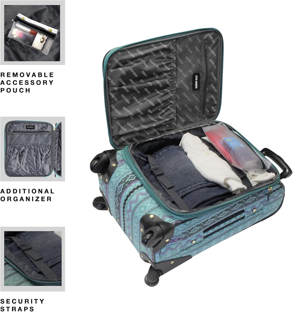 Designer-Gepckkollektion Leichter Softside-Koffer fr Damen und Herren strapazierfhige 50,8 cm groe Tragetasche mit 4 rollenden Spinner-Rdern, Legends Turquoise, 20in, Carry on Bag With