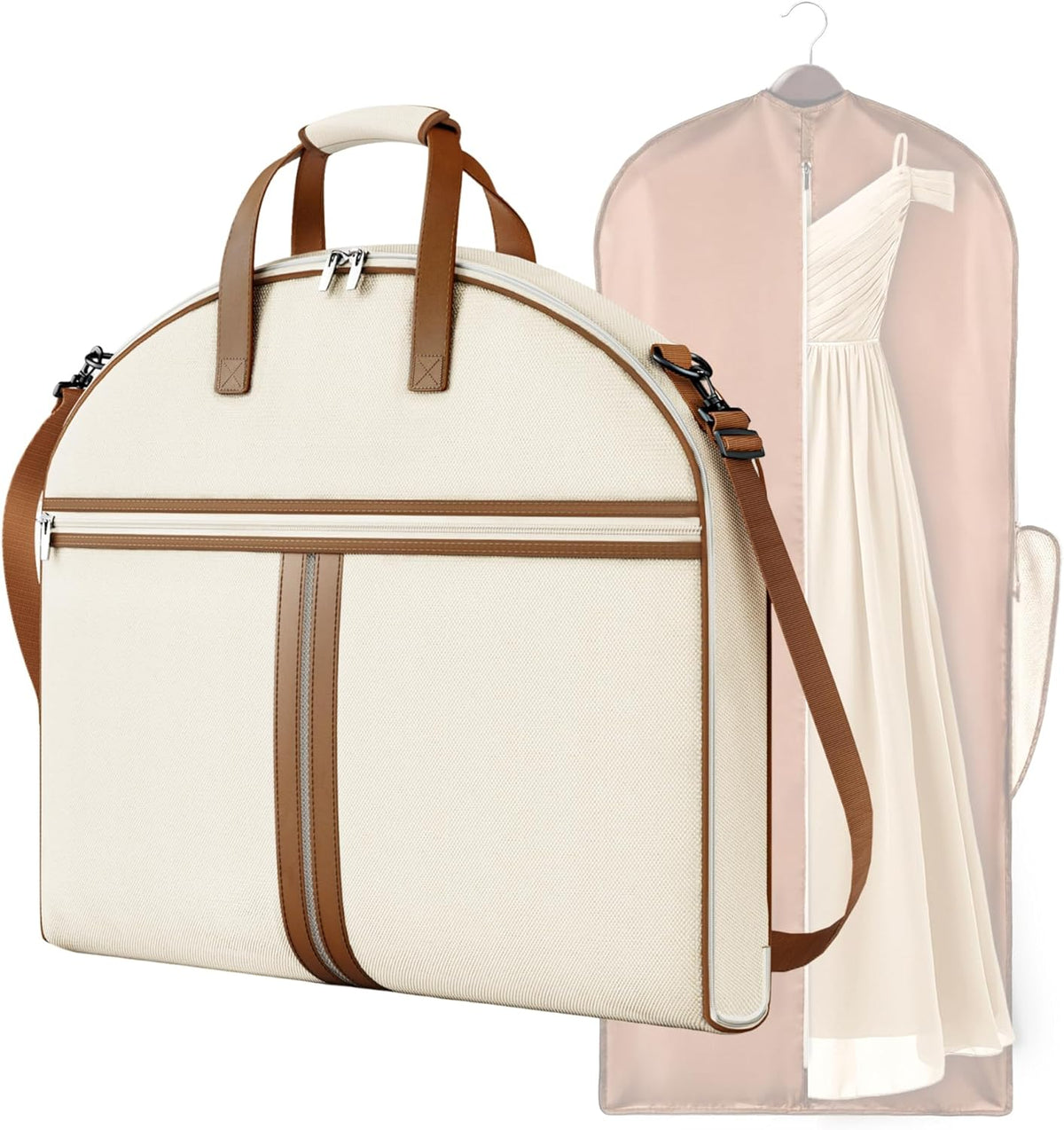 Carry on Garment Bags for Travel for Women 56" Foldable Dress Bag with Large Pockets Bag Suit Luggage Garment Bag with Shoulder Strap for Business, Wedding, Hanging Clothes, Beige