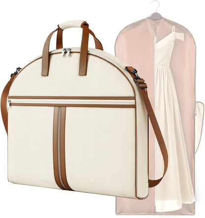 Carry on Garment Bags for Travel for Women 56" Foldable Dress Bag with Large Pockets Bag Suit Luggage Garment Bag with Shoulder Strap for Business, Wedding, Hanging Clothes, Beige