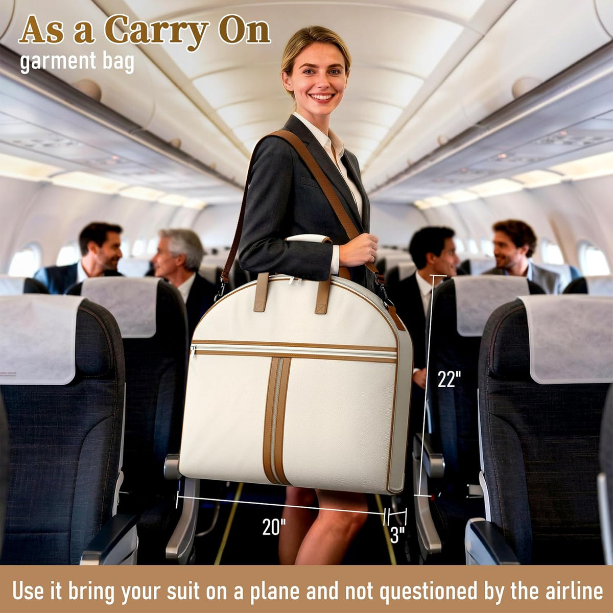 Carry on Garment Bags for Travel for Women 56" Foldable Dress Bag with Large Pockets Bag Suit Luggage Garment Bag with Shoulder Strap for Business, Wedding, Hanging Clothes, Beige