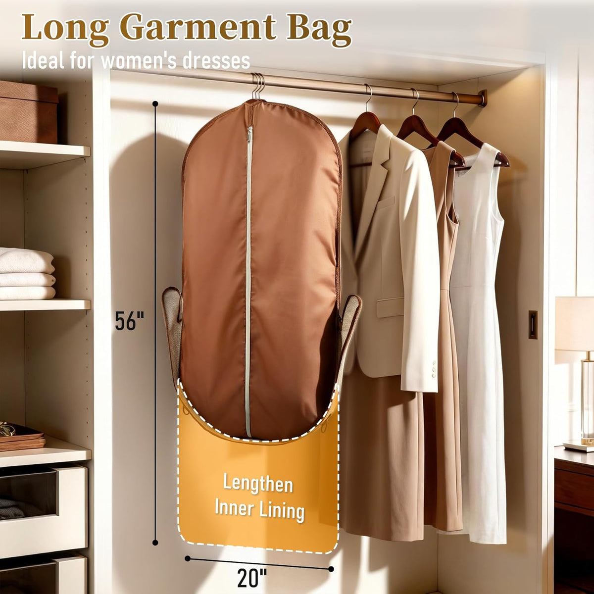 Carry on Garment Bags for Travel for Women 56" Foldable Dress Bag with Large Pockets Bag Suit Luggage Garment Bag with Shoulder Strap for Business, Wedding, Hanging Clothes, Beige