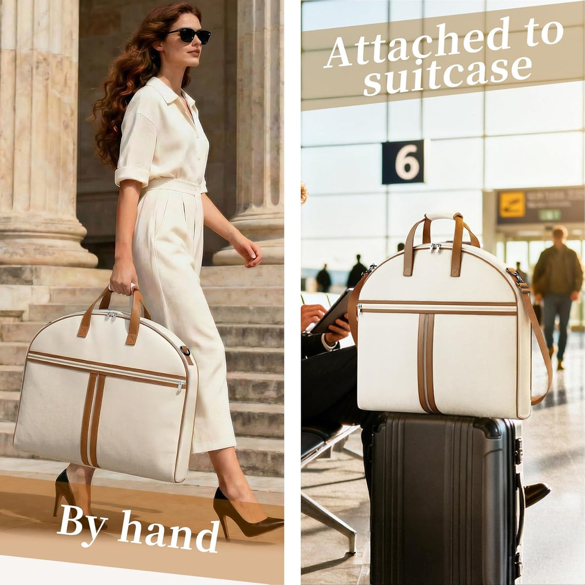 Carry on Garment Bags for Travel for Women 56" Foldable Dress Bag with Large Pockets Bag Suit Luggage Garment Bag with Shoulder Strap for Business, Wedding, Hanging Clothes, Beige