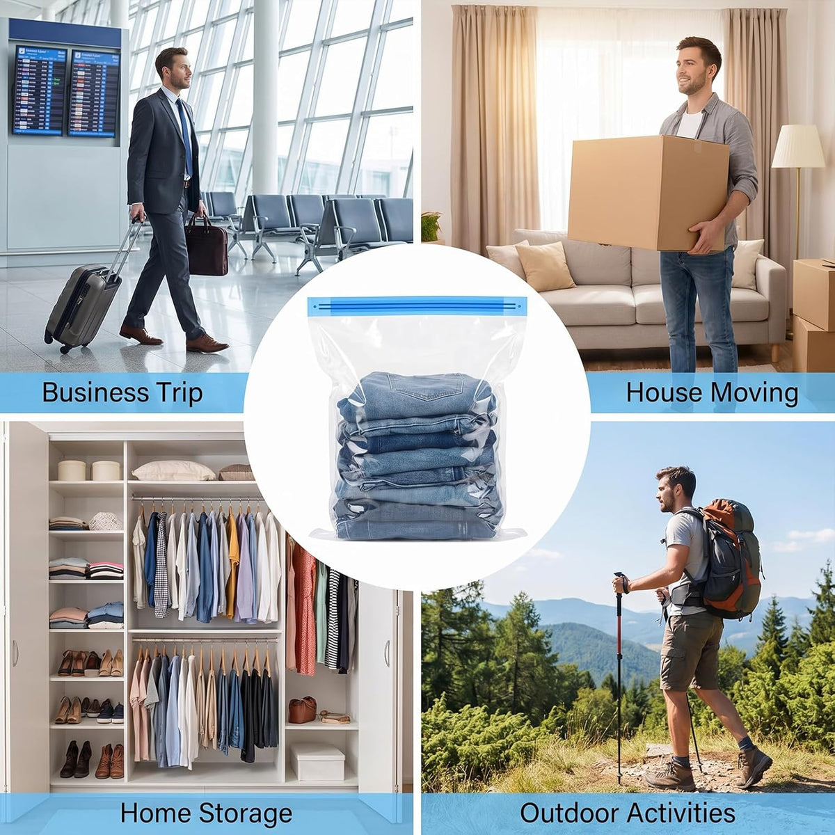4 Pcs Roll Up Compression Bags, No Pump Needed | 13.8 X19.7in Roll Up Vacuum Bags for Travel, Travel Compression Bags for Packing