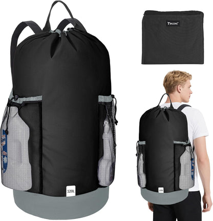 120L Laundry Bag Backpack, 900D Oxford Fabric Large Travel Laundry Bags with Shoulder Straps and 2 Mesh Pockets for College Dorm, Apartment, Laundromat (Black, 120L)