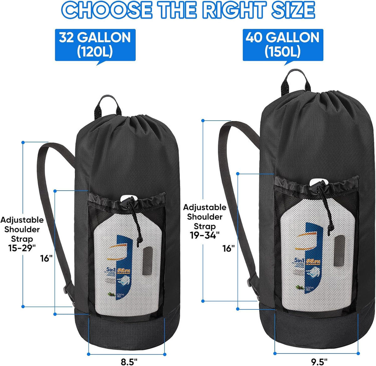 120L Laundry Bag Backpack, 900D Oxford Fabric Large Travel Laundry Bags with Shoulder Straps and 2 Mesh Pockets for College Dorm, Apartment, Laundromat (Black, 120L)