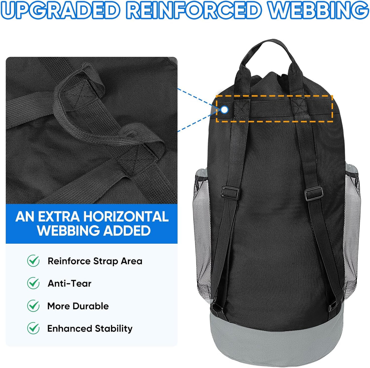 120L Laundry Bag Backpack, 900D Oxford Fabric Large Travel Laundry Bags with Shoulder Straps and 2 Mesh Pockets for College Dorm, Apartment, Laundromat (Black, 120L)