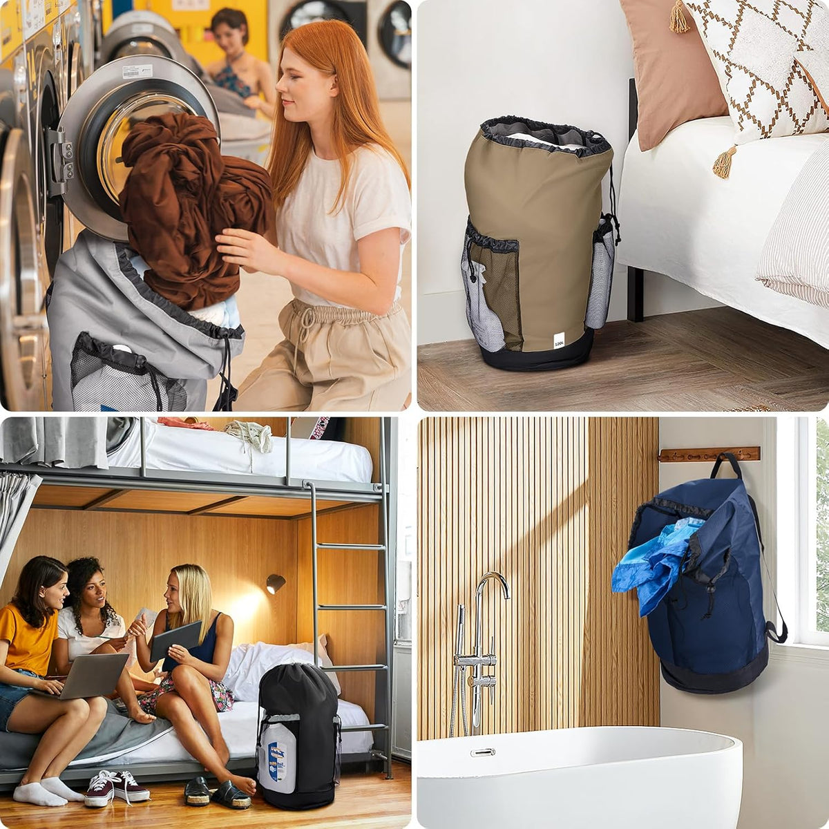 120L Laundry Bag Backpack, 900D Oxford Fabric Large Travel Laundry Bags with Shoulder Straps and 2 Mesh Pockets for College Dorm, Apartment, Laundromat (Black, 120L)