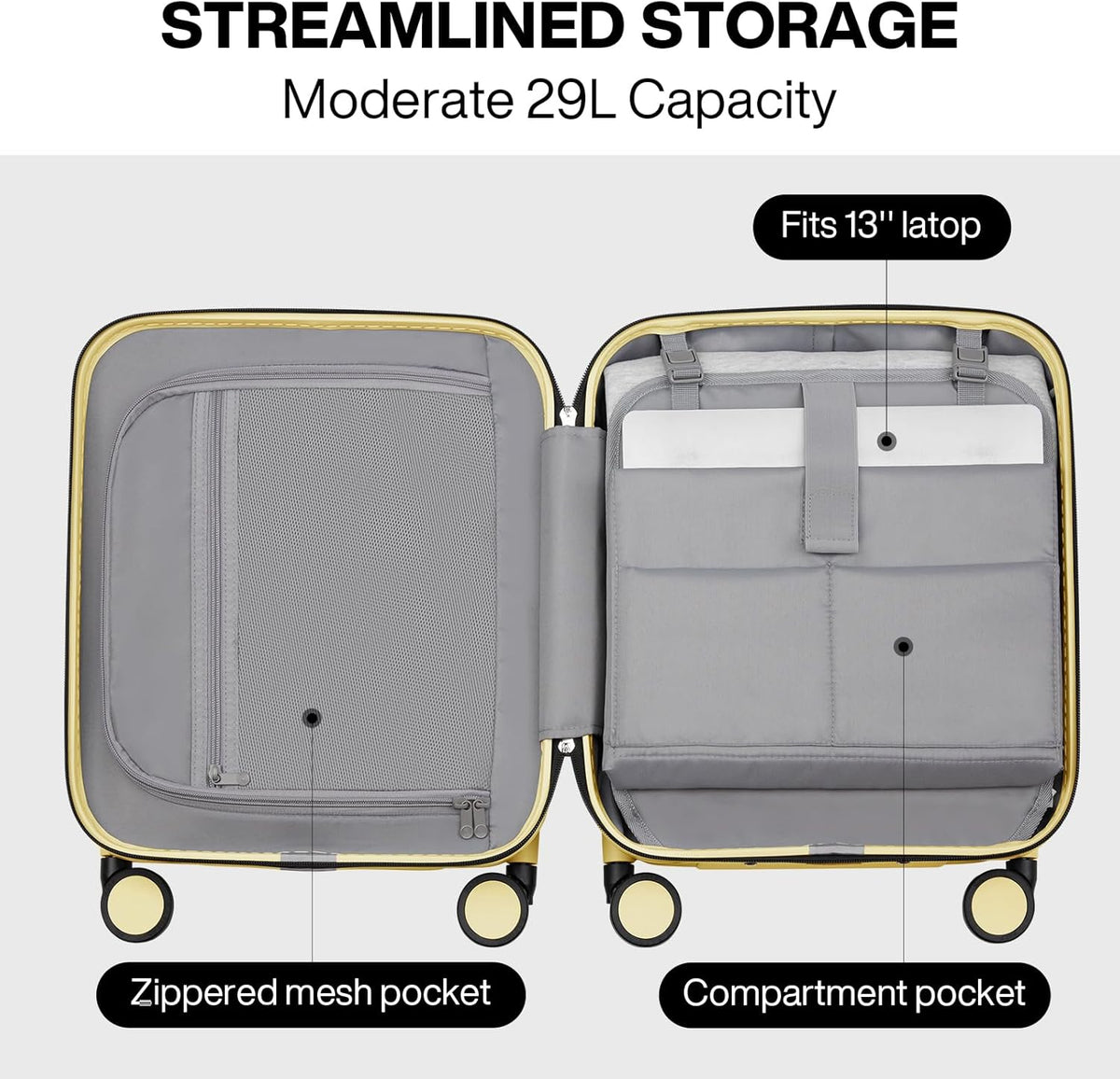 Underseat Carry on Luggage 16 Inch Hardshell PC Suitcase with Spinner Wheels TSA Lock for Travel, Lark Yellow