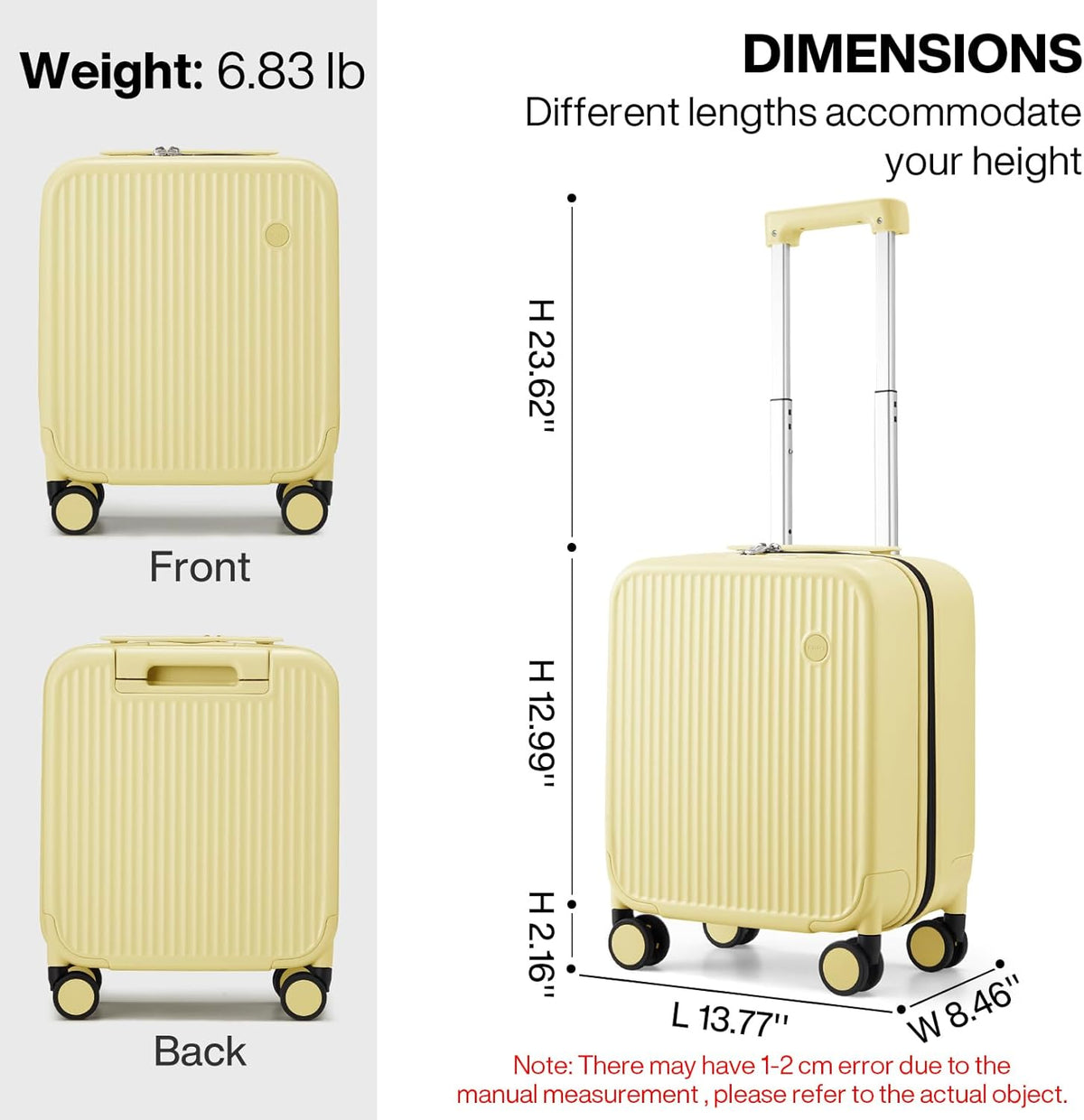 Underseat Carry on Luggage 16 Inch Hardshell PC Suitcase with Spinner Wheels TSA Lock for Travel, Lark Yellow