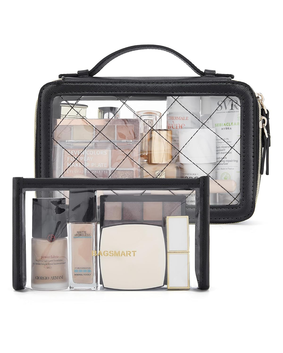Clear Makeup Bag Set, TSA Approved Toiletry Bag, Clear Travel Bags for toiletries, Cosmetic Bags with Zipper, Makeup Organizer Bags Fit Carry-on Travel Essentials, Black