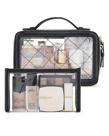 Clear Makeup Bag Set, TSA Approved Toiletry Bag, Clear Travel Bags for toiletries, Cosmetic Bags with Zipper, Makeup Organizer Bags Fit Carry-on Travel Essentials, Black