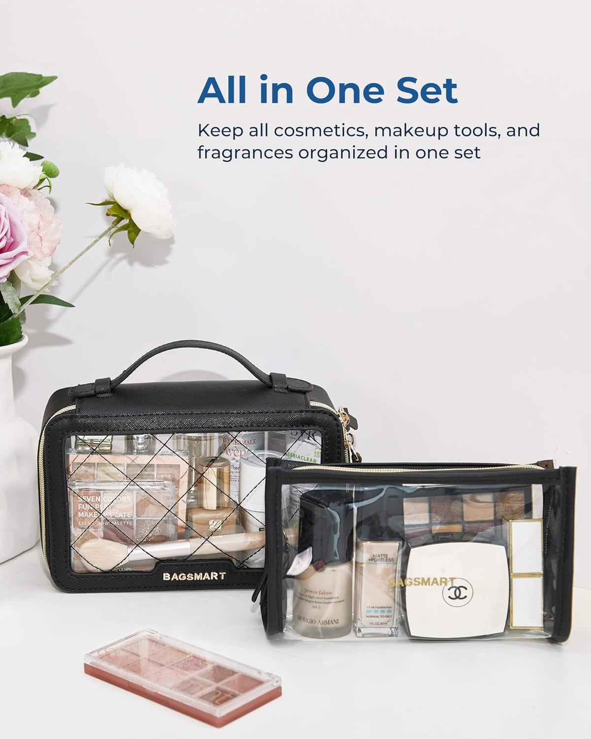 Clear Makeup Bag Set, TSA Approved Toiletry Bag, Clear Travel Bags for toiletries, Cosmetic Bags with Zipper, Makeup Organizer Bags Fit Carry-on Travel Essentials, Black
