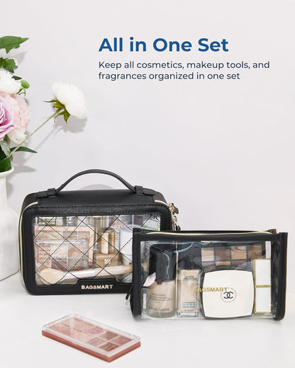 Clear Makeup Bag Set, TSA Approved Toiletry Bag, Clear Travel Bags for toiletries, Cosmetic Bags with Zipper, Makeup Organizer Bags Fit Carry-on Travel Essentials, Black