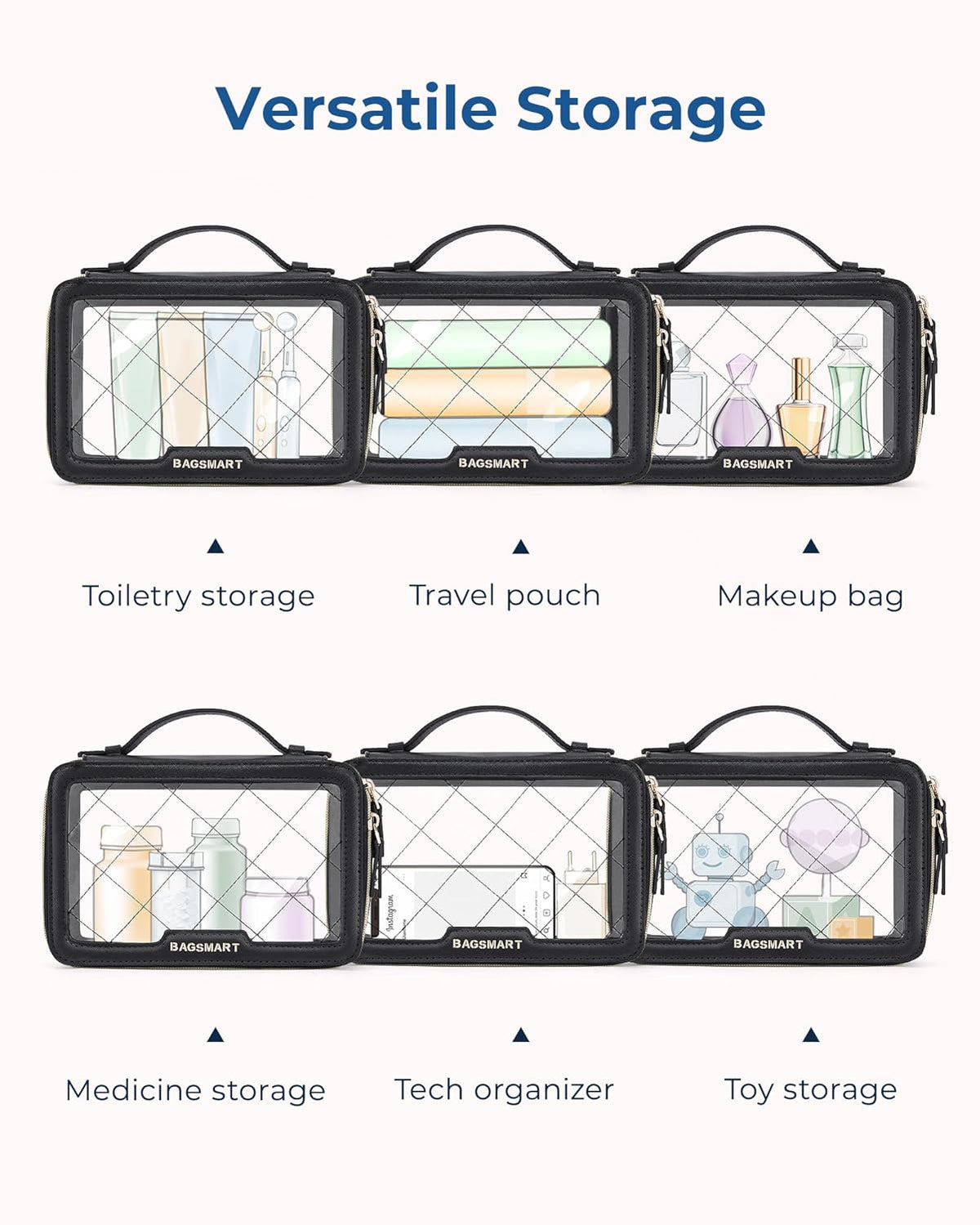 Clear Makeup Bag Set, TSA Approved Toiletry Bag, Clear Travel Bags for toiletries, Cosmetic Bags with Zipper, Makeup Organizer Bags Fit Carry-on Travel Essentials, Black