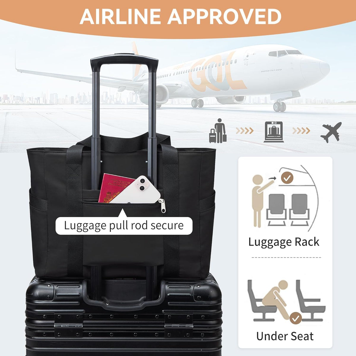 WLLWOO Large Tote Bag, Zipper Shoulder Bag for Women Trolley Sleeve 15.6” Laptop Travel Work Daily Nurse Gym