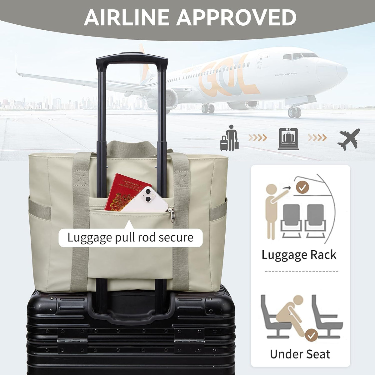 WLLWOO Large Tote Bag, Zipper Shoulder Bag for Women Trolley Sleeve 15.6” Laptop Travel Work Daily Nurse Gym
