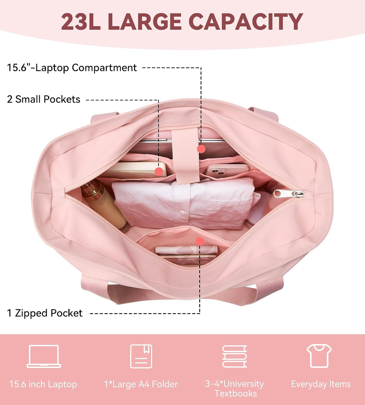 WLLWOO Large Tote Bag, Zipper Shoulder Bag for Women Trolley Sleeve 15.6” Laptop Travel Work Daily Nurse Gym