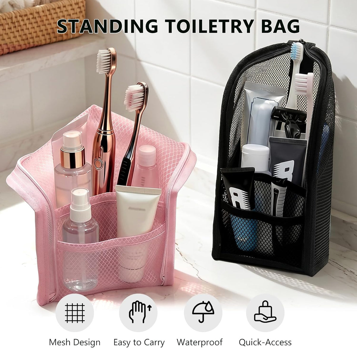 Standing Toiletry Bag, Portable Lightweight Travel Toiletry Bag, Waterproof EVA Mesh Travel Makeup Bag, Hanging Cosmetic Organizer for Bathroom, Travel (Grey)