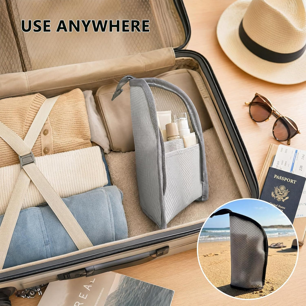 Standing Toiletry Bag, Portable Lightweight Travel Toiletry Bag, Waterproof EVA Mesh Travel Makeup Bag, Hanging Cosmetic Organizer for Bathroom, Travel (Grey)