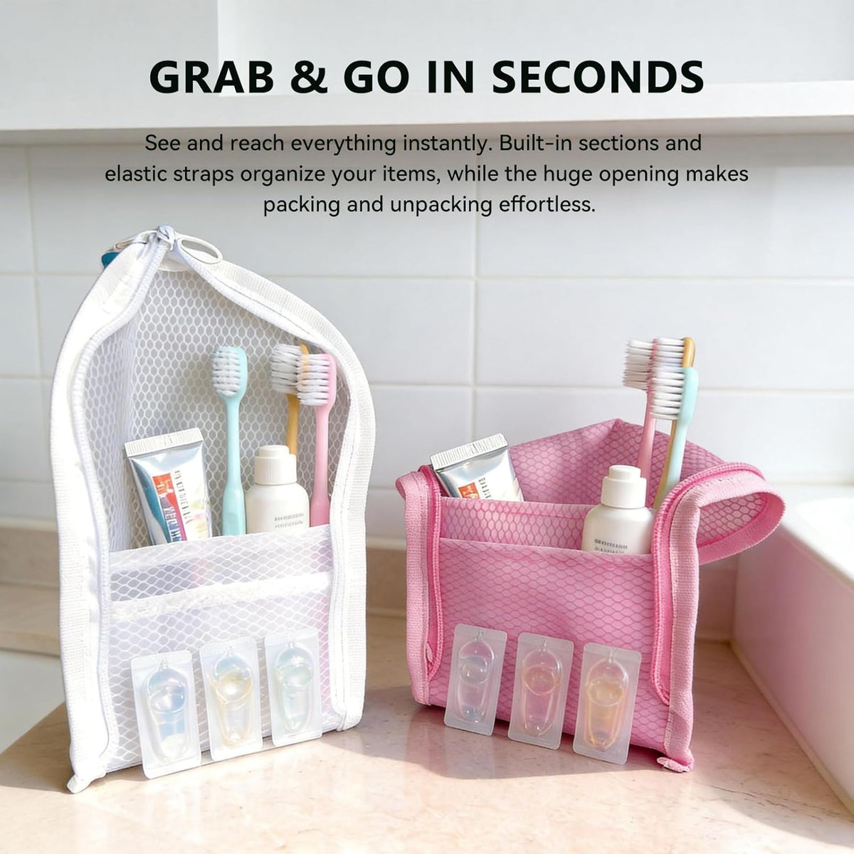 Standing Toiletry Bag, Portable Lightweight Travel Toiletry Bag, Waterproof EVA Mesh Travel Makeup Bag, Hanging Cosmetic Organizer for Bathroom, Travel (Grey)