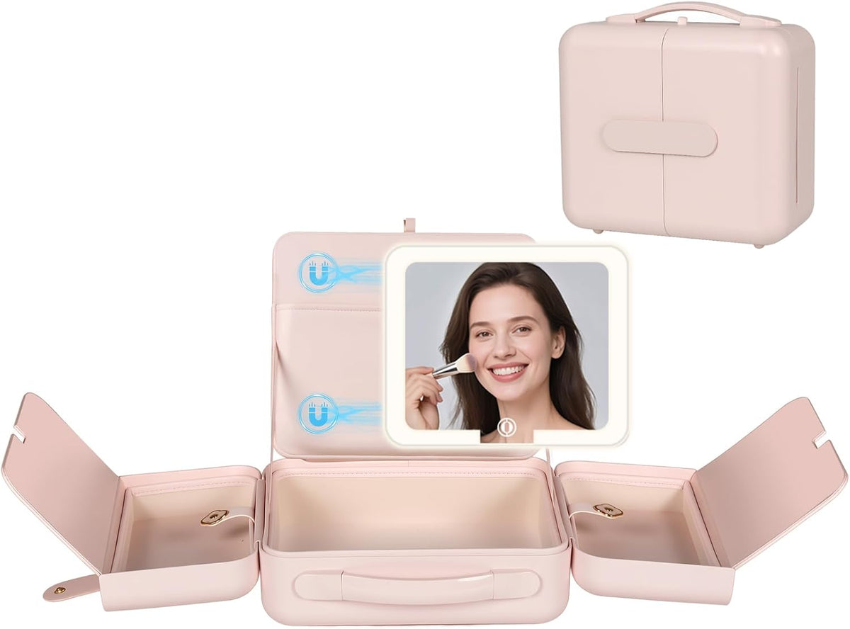 Makeup Case with LED Light & Magnetic Mirror, 12 Inch Portable Travel Cosmetic Organizer Bag with 3 Partitions, Rechargeable, Large Capacity, Bright Lighting, Gift for Women Girls, Pink
