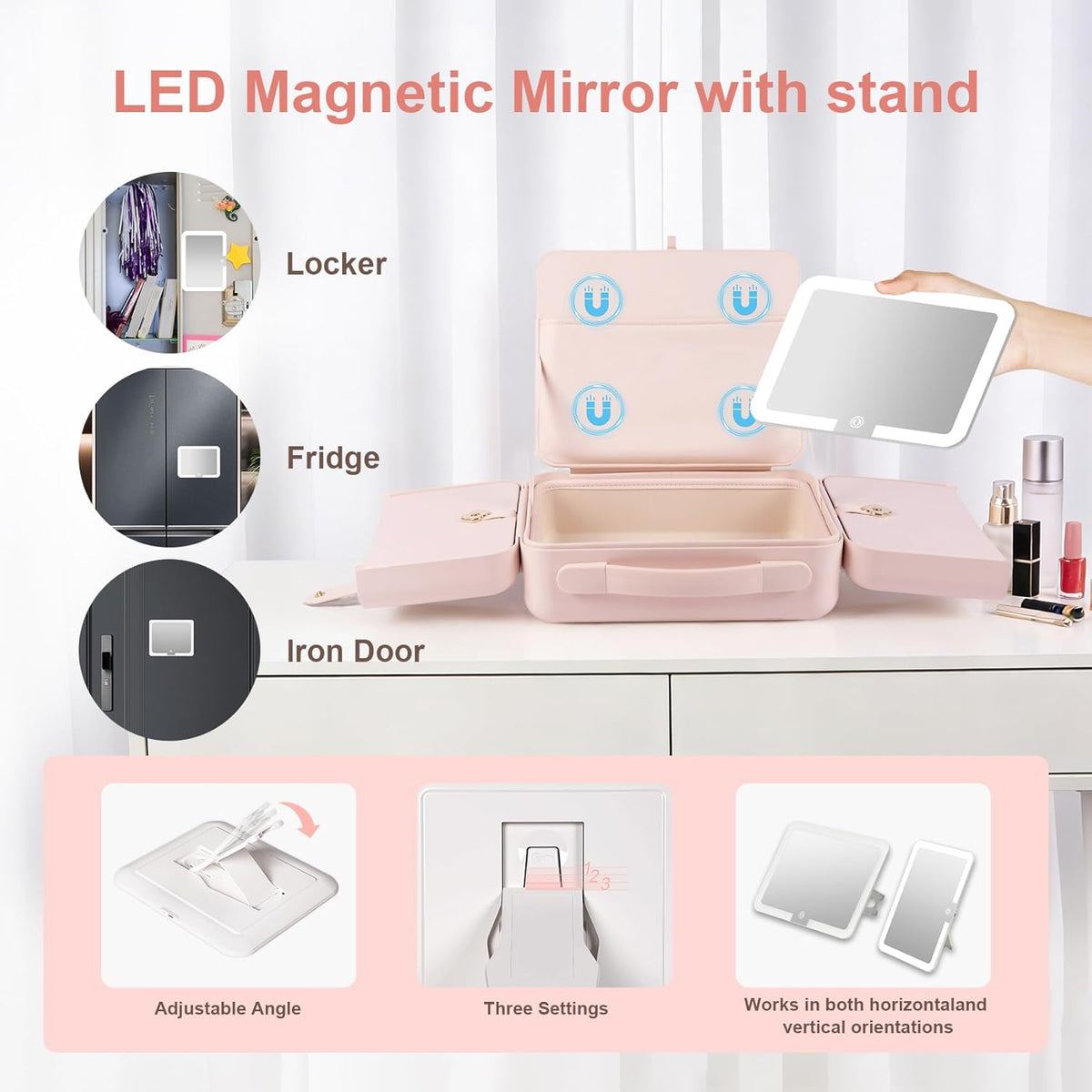 Makeup Case with LED Light & Magnetic Mirror, 12 Inch Portable Travel Cosmetic Organizer Bag with 3 Partitions, Rechargeable, Large Capacity, Bright Lighting, Gift for Women Girls, Pink