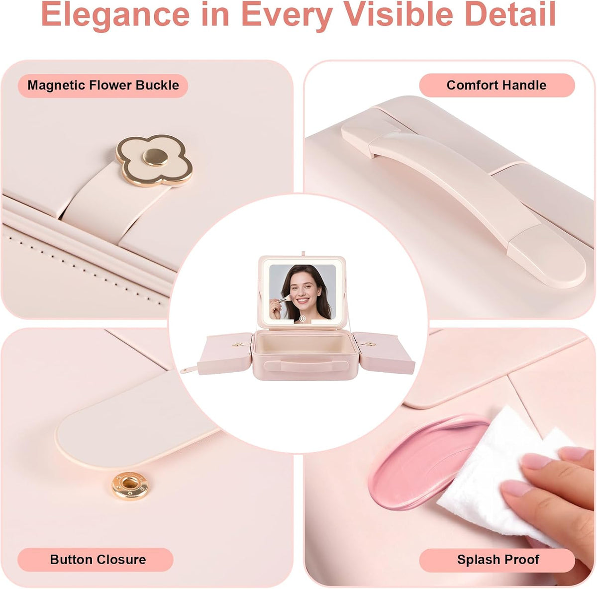 Makeup Case with LED Light & Magnetic Mirror, 12 Inch Portable Travel Cosmetic Organizer Bag with 3 Partitions, Rechargeable, Large Capacity, Bright Lighting, Gift for Women Girls, Pink