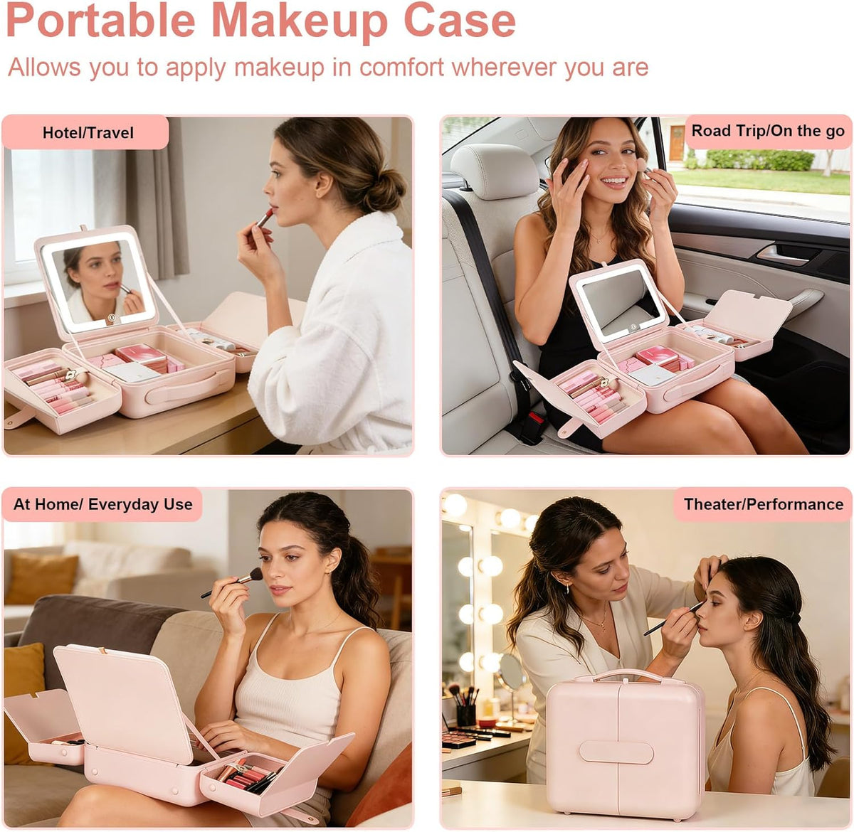 Makeup Case with LED Light & Magnetic Mirror, 12 Inch Portable Travel Cosmetic Organizer Bag with 3 Partitions, Rechargeable, Large Capacity, Bright Lighting, Gift for Women Girls, Pink