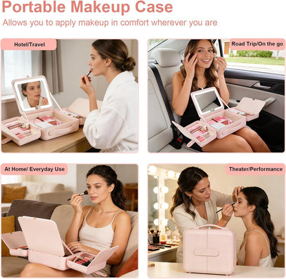 Makeup Case with LED Light & Magnetic Mirror, 12 Inch Portable Travel Cosmetic Organizer Bag with 3 Partitions, Rechargeable, Large Capacity, Bright Lighting, Gift for Women Girls, Pink