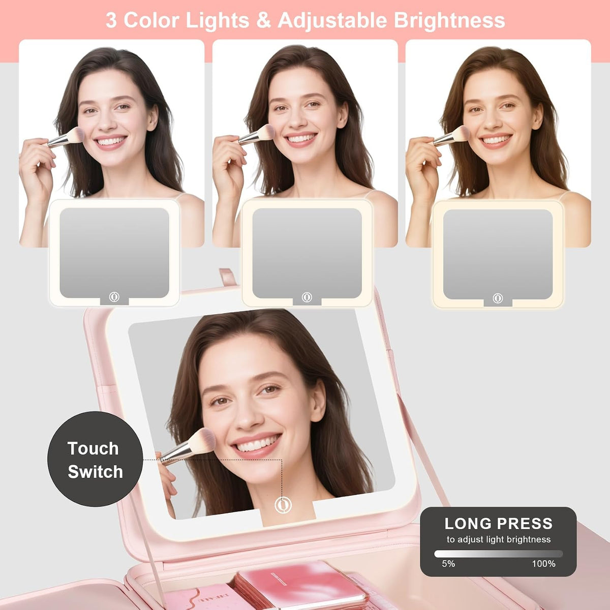 Makeup Case with LED Light & Magnetic Mirror, 12 Inch Portable Travel Cosmetic Organizer Bag with 3 Partitions, Rechargeable, Large Capacity, Bright Lighting, Gift for Women Girls, Pink