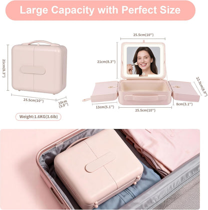 Makeup Case with LED Light & Magnetic Mirror, 12 Inch Portable Travel Cosmetic Organizer Bag with 3 Partitions, Rechargeable, Large Capacity, Bright Lighting, Gift for Women Girls, Pink