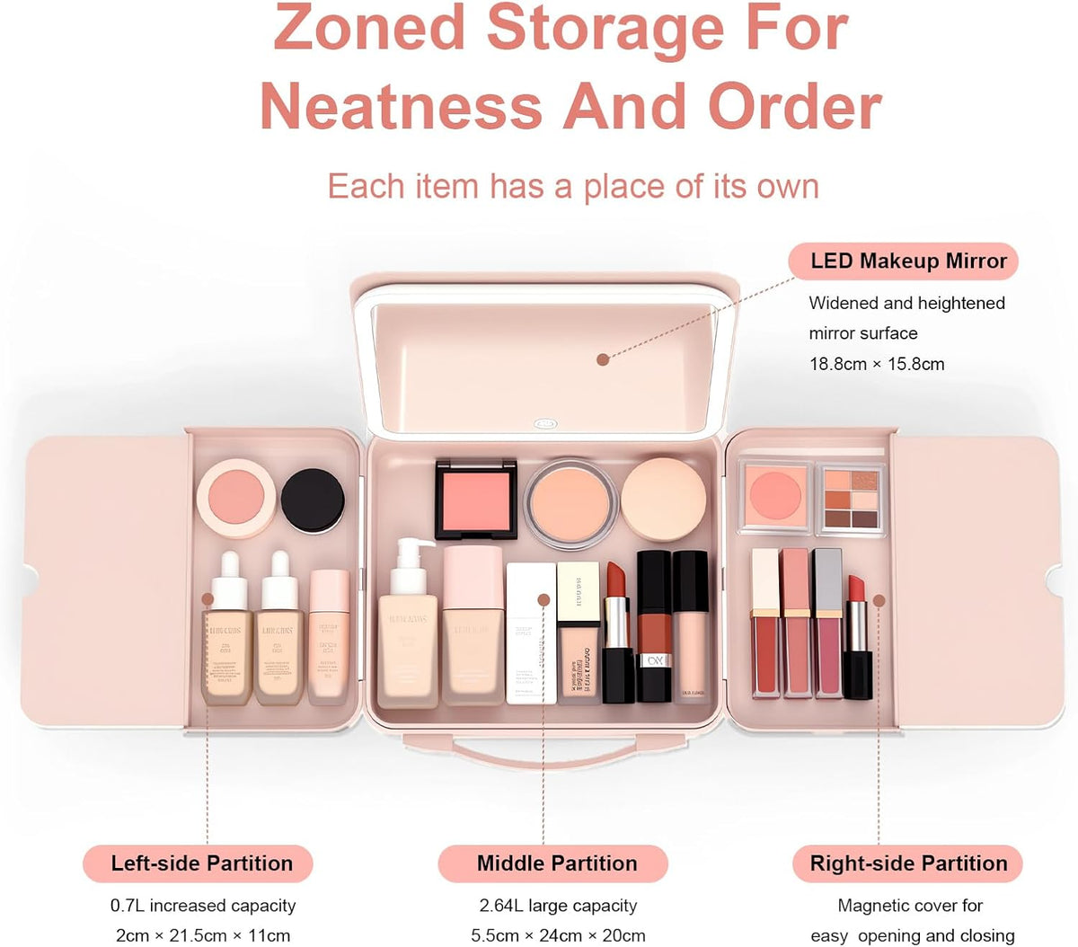 Makeup Case with LED Light & Magnetic Mirror, 12 Inch Portable Travel Cosmetic Organizer Bag with 3 Partitions, Rechargeable, Large Capacity, Bright Lighting, Gift for Women Girls, Pink