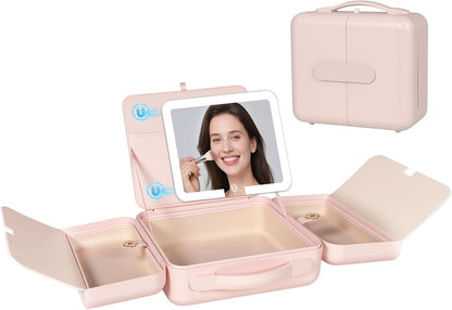 Makeup Case with LED Light & Magnetic Mirror, 12 Inch Portable Travel Cosmetic Organizer Bag with 3 Partitions, Rechargeable, Large Capacity, Bright Lighting, Gift for Women Girls, Pink