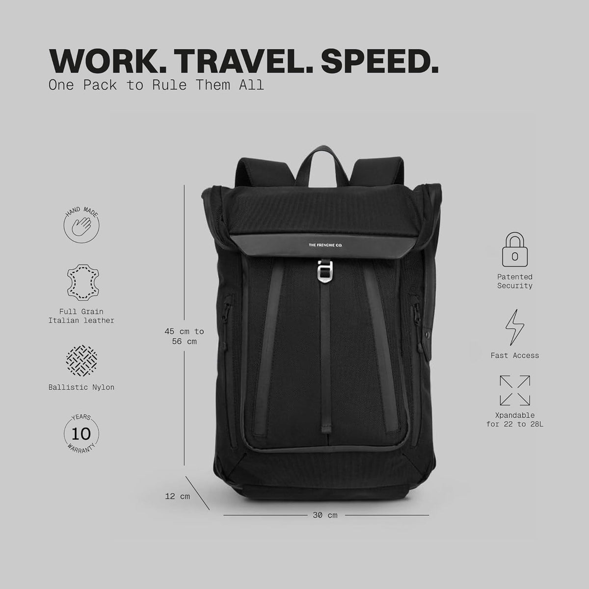 . - Work/Travel Speed Backpack - Expandable 23-30 L Laptop Pack - Anti-theft magnetic closure - Ballistic nylon body with full-grain Italian leather trim